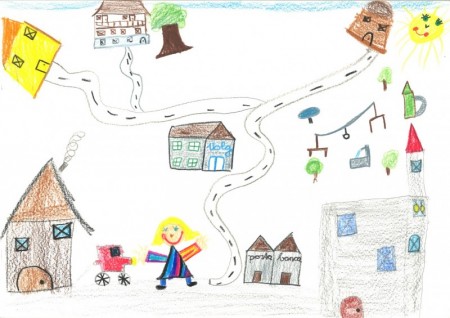 Jugendfreundliche Bergdörfer Kinderzeichnung Val Lumnezia mein Dorf